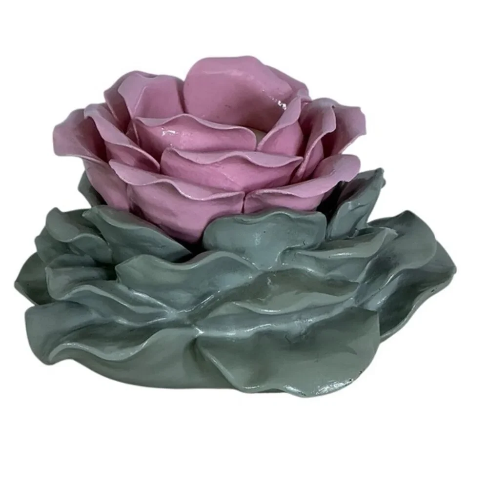 Artisan Ceramic Floral Candle Holders Green Pink Vintage Set of 2 NWOT